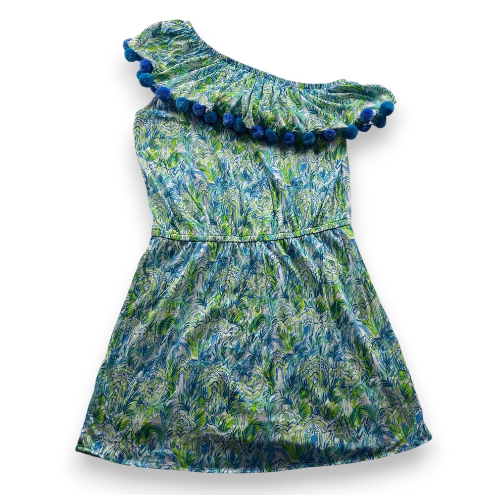 Lilly Pulitzer Womens One Shoulder Ruffle Pom Pom Tropical Mini Dress Green L